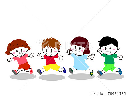 走っている4人の子供たち 男の子と女の子 のイラストのイラスト素材