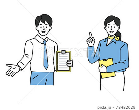 ポイント 注目 発表を表す男女のイラスト ビジネス クリック チェック アイデア 閃き 発見 営業 のイラスト素材