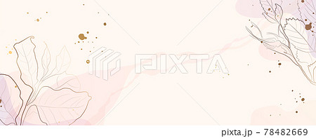 Minimal background in pink flowers and summer leaves with golden metallic texture. Watercolor stains and streaks. Vector illustration. 78482669
