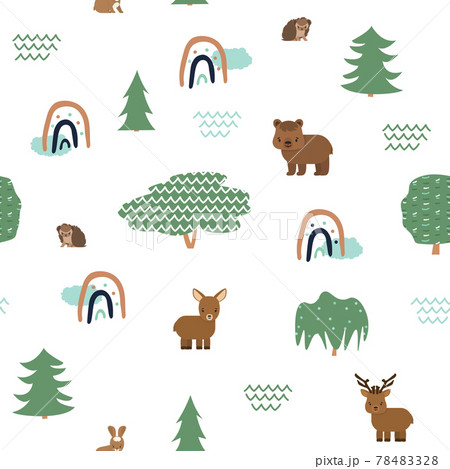 Cute forest animals seamless pattern with rainbows. Bear deer doe elk hare hedgehog. Vector illustration on white background 78483328