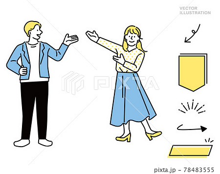 ポイント 注目 発表を表す男女のイラスト ビジネス クリック チェック アイデア おすすめ 仕事 のイラスト素材