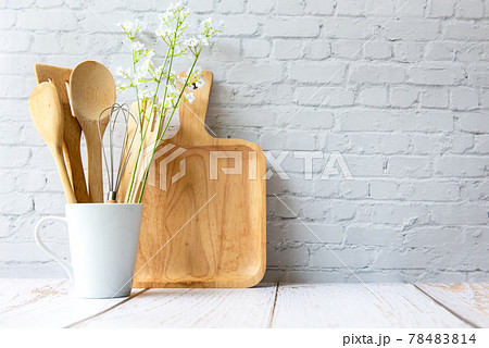 Kitchen tools and kitchenware utensil object on kitchen shelf wood white for healthy eat Kitchen tools and kitchenware utensil object on kitchen shelf wood white for healthy eat 78483814