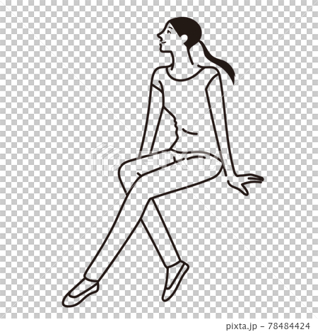座って風を感じる女性の線画 78484424