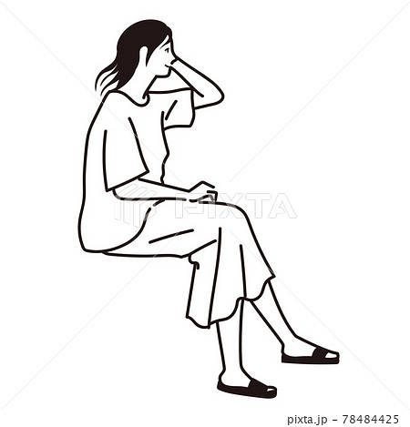 座って風を感じる女性の線画 座って風を感じる女性の線画 78484425