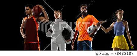 Sport collage. Tennis, soccer football, basketball, fencing players posing isolated on black studio background. Sport collage. Tennis, soccer football, basketball, fencing players posing isolated on black studio background. 78485187