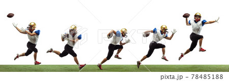 American football player isolated on white studio background with copyspace. Professional sportsman during game playing in action and motion. American football player isolated on white studio background with copyspace. Professional sportsman during game playing in action and motion. 78485188