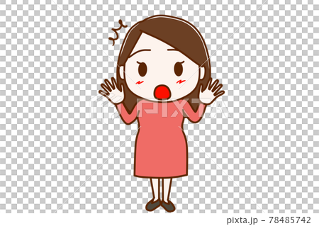 全身 正面 手をあげて驚きの表情をする女性のイラスト素材