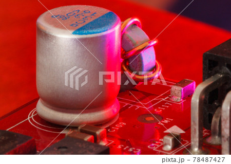 Electronic Printed Circuit Board with Electronic components in red Electronic Printed Circuit Board with Electronic components in red 78487427