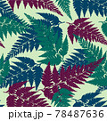 Seamless decorative pattern with vivid green, blue and purple tropical forest fern leaves isolated on light green background. Vector eps10 background in flat retro vintage style. 78487636