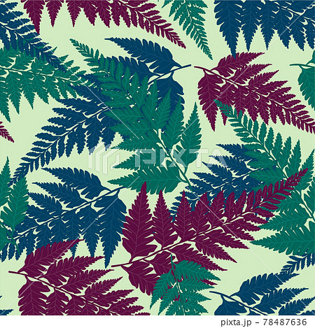 Seamless decorative pattern with vivid green, blue and purple tropical forest fern leaves isolated on light green background. Vector eps10 background in flat retro vintage style. 78487636