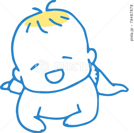 頭を起こして笑う赤ちゃんのかわいらしい手描きマンガ風イラスト 主線色ブルー のイラスト素材