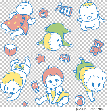 0 1歳の赤ちゃんのかわいらしい手描きマンガ風イラストセット 主線色ブルー おもちゃ小物つき のイラスト素材