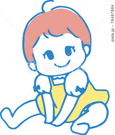お座りする赤ちゃんのかわいらしい手描きマンガ風イラスト（主線色ブルー） 78487884