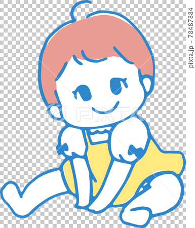 お座りする赤ちゃんのかわいらしい手描きマンガ風イラスト（主線色ブルー） 78487884
