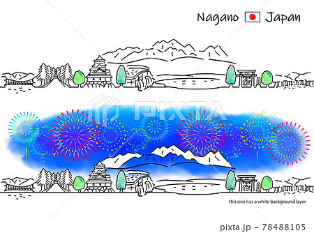 長野県の街並みと花火のシンプル線画セット（ダム） 78488105