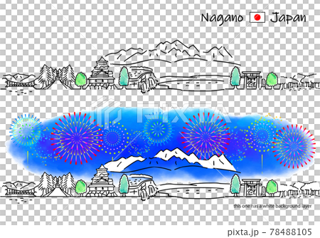 長野県の街並みと花火のシンプル線画セット（ダム） 78488105