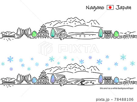 冬の長野県の街並みのシンプル線画セット（ダム） 78488106