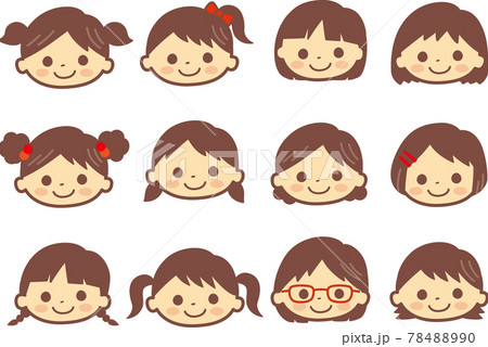 いろいろな女の子の顔のイラスト＿ライン有 78488990