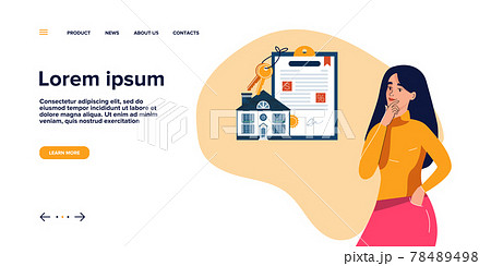 Landing page with woman thinking about mortgage loan for buying new own house 78489498