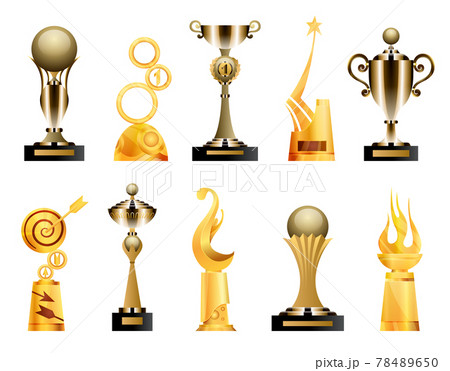 Awards and trophy cups. Triumph sport awards and prizes, winner trophy gold cup illustration. Best competition achievements. Awards in different shapes Awards and trophy cups. Triumph sport awards and prizes, winner trophy gold cup illustration. Best competition achievements. Awards in different shapes 78489650