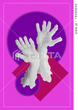 Human palms dipped in color paint. Painted hands. Liquid drips off fingers. Gesture. Contemporary art collage. Abstract surreal pop art style. Modern concept image. Zine culture. Funky minimalism. 78490640
