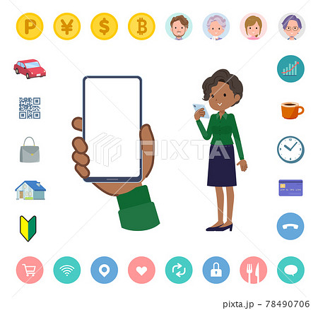 スマートフォンの画面を見る黒人ビジネス女性のセット スマートフォンの画面を見る黒人ビジネス女性のセット 78490706