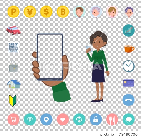 スマートフォンの画面を見る黒人ビジネス女性のセット スマートフォンの画面を見る黒人ビジネス女性のセット 78490706