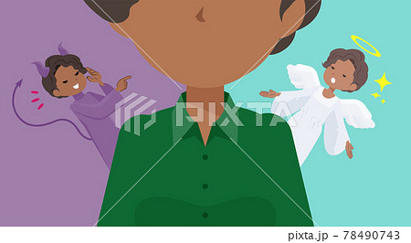 天使と悪魔の間で葛藤する黒人ビジネス女性のセットのイラスト素材