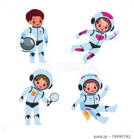 Children in cosmic suits and helmets in space. Kids astronauts explorers collection, little boys and girls cosmonauts flying in zero gravity, astronomy vector cartoon isolated set Children in cosmic suits and helmets in space. Kids astronauts explorers collection, little boys and girls cosmonauts flying in zero gravity, astronomy vector cartoon isolated set 78490782