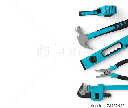 Top view of green construction tools for repair and installation on white Top view of green construction tools for repair and installation on white 78492442