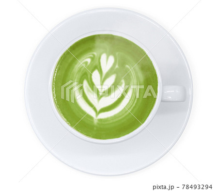 抹茶ラテ 抹茶オレ 飲み物 イラスト 俯瞰 リアル ホット 湯気のイラスト素材