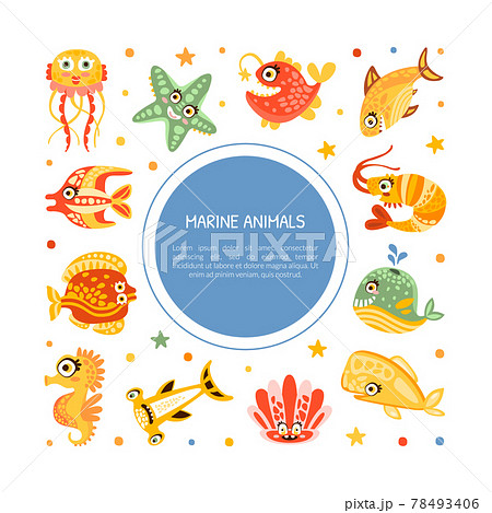 Cute Card Design with Marine Animal and Comic Underwater Creatures Vector Template Cute Card Design with Marine Animal and Comic Underwater Creatures Vector Template 78493406