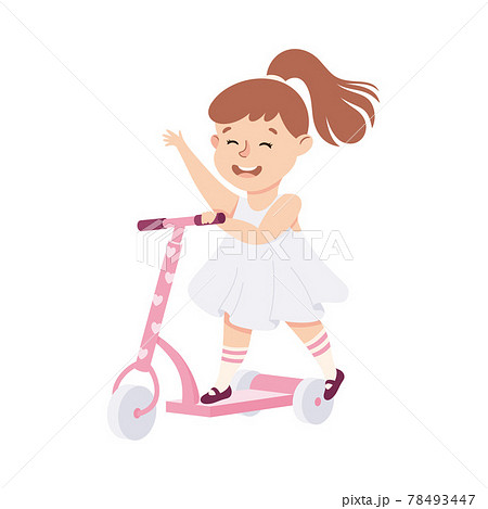 Smiling Girl Riding on Kick Scooter Pushing Off the Ground and Waving Hand Vector Illustration 78493447