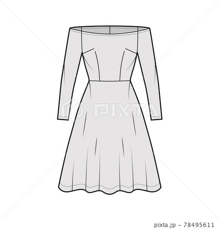 Dress off-shoulder Bardot technical fashion illustration with long sleeves, fitted body, knee length semi-circular skirt Dress off-shoulder Bardot technical fashion illustration with long sleeves, fitted body, knee length semi-circular skirt 78495611