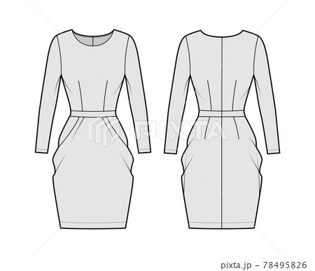 Dress tulip technical fashion illustration with long sleeves, fitted body, knee length peg-top pencil skirt Flat apparel Dress tulip technical fashion illustration with long sleeves, fitted body, knee length peg-top pencil skirt Flat apparel 78495826
