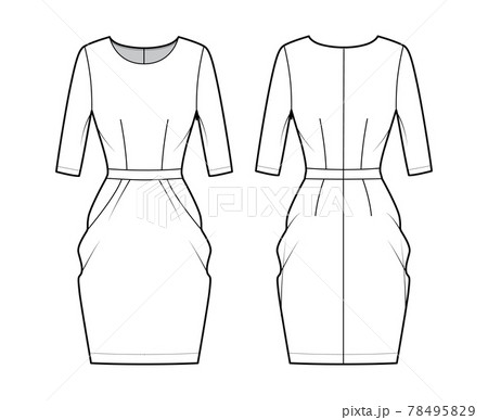 Dress tulip technical fashion illustration with elbow sleeves, fitted body, knee length peg-top pencil skirt. Flat Dress tulip technical fashion illustration with elbow sleeves, fitted body, knee length peg-top pencil skirt. Flat 78495829
