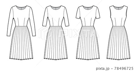 Set of Dresses pleated technical fashion illustration with long elbow short sleeves, fitted body, knee length skirt Set of Dresses pleated technical fashion illustration with long elbow short sleeves, fitted body, knee length skirt 78496725