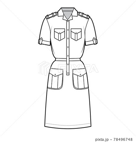 Dress safari technical fashion illustration with short sleeves, flap cargo pockets, epaulettes, fitted body, knee length Dress safari technical fashion illustration with short sleeves, flap cargo pockets, epaulettes, fitted body, knee length 78496748