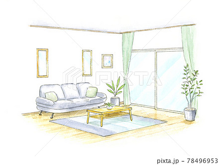 イラスト　オリジナルイラスト　手描き　インテリアの絵 リビングの内観パース 手描き水彩のイラスト素材 [78496953] - PIXTA