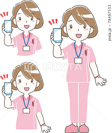 スマホを持つ女性看護師 イラストセット ベクターのイラスト素材