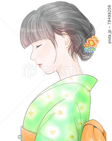 横向き 緑色 浴衣の女性のイラスト素材
