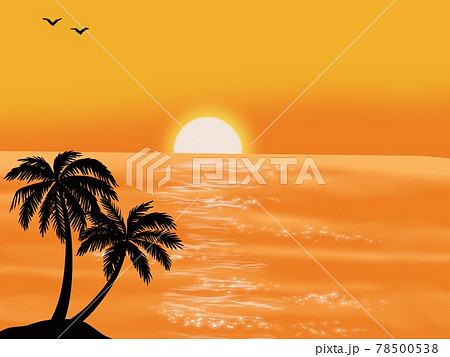 夕日が沈む綺麗な海の景色とヤシノキのイラスト素材