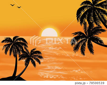 夕日が沈む綺麗な海とヤシノキの風景のイラスト素材
