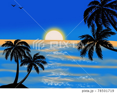 太陽が覗く綺麗な海とヤシノキの風景のイラスト素材