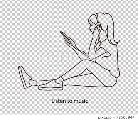 スマホで音楽を聴く女性のイラストカット ベクター 線画 スマホで音楽を聴く女性のイラストカット ベクター 線画 78503944