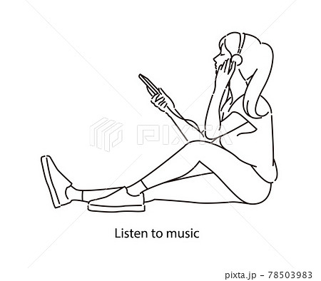 音楽を聴く女性のイラストカット ベクター 線画 スマホのイラスト素材