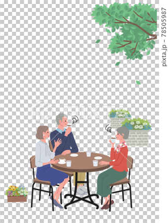 カフェでお茶を飲むシニアの男女のイラスト 縦構図のイラスト素材