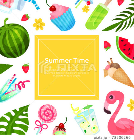 Summer Time Vacation Card with Tropical Objects Vector Template 78506266