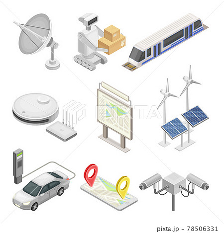 Smart City with Solar Panel, Robot, Electric Car and Satellite Dish Isometric Vector Set Smart City with Solar Panel, Robot, Electric Car and Satellite Dish Isometric Vector Set 78506331