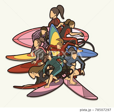 Surfer Action Group of Surfing Sport Man and Woman Players Cartoon Graphic Vector 78507297